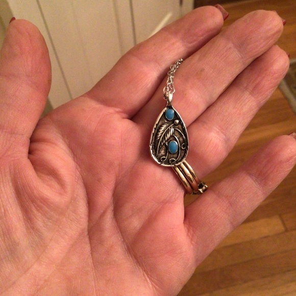 Silver and Turquoise Leaf Boho Pendant - Picture 7 of 9